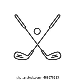 Golf Ball And Clubs Linear Icon. Thin Line Illustration. Golf Equipment Contour Symbol. Vector Isolated Outline Drawing