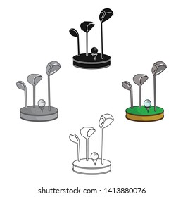 Golf ball and clubs on grass icon in cartoon,black style isolated on white background. Golf club symbol stock vector illustration.