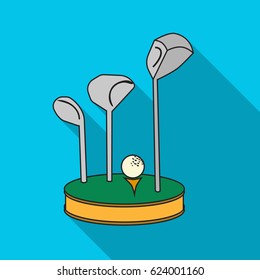 Golf ball and clubs on grass icon in flat style isolated on white background. Golf club symbol stock vector illustration.