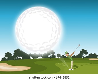 golf ball coming. golfer swinging after hitting golf ball