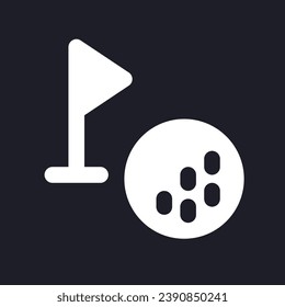 Balón de golf y etiqueta de copa modo oscuro icono de glifo ui. Hobby deportivo. Diseño de interfaz de usuario. Símbolo de silueta blanca en el espacio negro. Pictograma sólido para web, móvil. Ilustración aislada del vector
