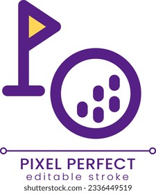 Balón de golf y píxel de etiqueta RGB perfecto color ui icono. Torneo. Elemento de línea simple rellenado. GUI, diseño UX para aplicación móvil. Pictograma aislado del vector. Trazo editable. Fuente de Poppins utilizada