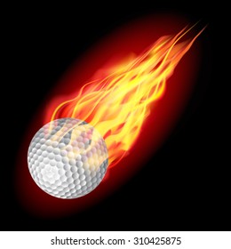 Golf ball in fire flying down. Isolated on dark background. Vector illustration