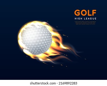 Golf ball in fire. Realistic flying white ball with flame, burning sport object, club strong blow, 3d isolated fast moving hot element, sport club or competition poster, utter vector concept