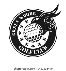 Golf ball with fire vector round emblem in vintage monochrome style isolated on white background