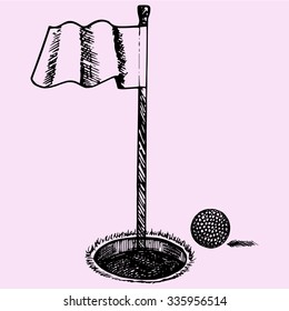  Golf ball and golf flag, doodle style, sketch illustration, hand drawn, vector