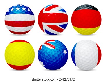 Golf ball with flag of France, USA, Australia, UK, Spain and Germany, isolated on white background. Vector EPS10 illustration. 