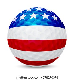 Golf ball with flag of USA, isolated on white background. Vector EPS10 illustration. 