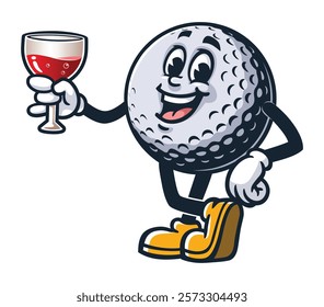 Golf Ball with a glass of drink,       Cartoon Character Mascot Illustration Vector Clip-art Hand-drawn Logo Design
