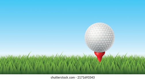 Golf ball grass. Realistic isolated ball on tee stand, panoramic green sport club field. Game starting position, sport background, horizontal banner with copy space, utter vector concept