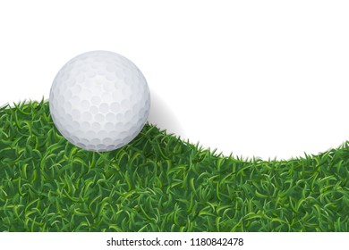 Golf ball and green grass background with area for copy space. Vector illustration.