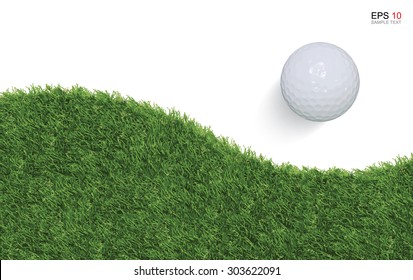 Golf ball and green grass background with white area for copy space. Vector illustration.