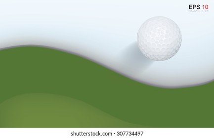 Golf ball and green grass background with white area for copy space. Vector illustration.