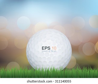 Golf ball in green grass of golf course with lights blurred bokeh background. Vector illustration.