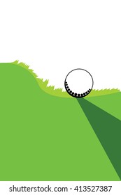 Golf ball in green grass of golf course with white area for text and create graphic design.