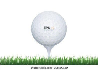 Golf ball and green grass isolated on white background with area for copy space. Vector sport graphic idea.