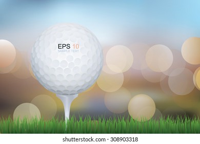Golf ball and green grass with lights blurred bokeh background. Vector illustration.