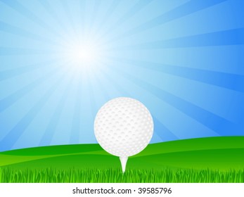 Golf ball in green grass. Vector illustration.