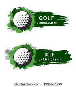 Golf ball with green grunge strokes isolated vector sports accessory on white background. Equipment for playing game, championship or tournament competition. Realistic 3d design elements or labelas