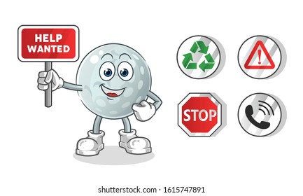 golf ball holding sign cartoon. including recycling sign, caution, stop, telephone. cartoon mascot vector