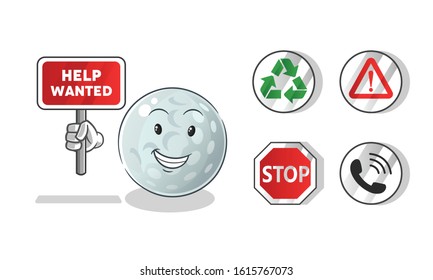 golf ball holding sign cartoon. including recycling sign, caution, stop, telephone. cute chibi cartoon mascot vector