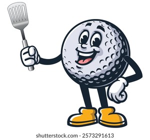 Golf Ball holding a spatula,       Cartoon Character Mascot Illustration Vector Clip-art Hand-drawn Logo Design