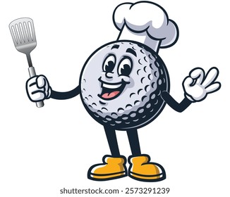 Golf Ball holding a spatula and wearing a chef's hat,          Cartoon Character Mascot Illustration Vector Clip-art Hand-drawn Logo Design