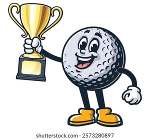 Golf Ball holding a trophy,      Cartoon Character Mascot Illustration Vector Clip-art Hand-drawn Logo Design