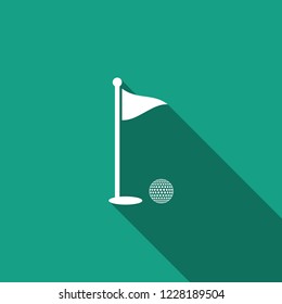 Golf ball and hole with flag icon isolated with long shadow. Golf course. Ball and flagstick in hole. Sport concept. Flat design. Vector Illustration