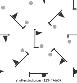 Golf ball and hole with flag icon seamless pattern on white background. Golf course. Ball and flagstick in hole. Sport concept. Flat design. Vector Illustration