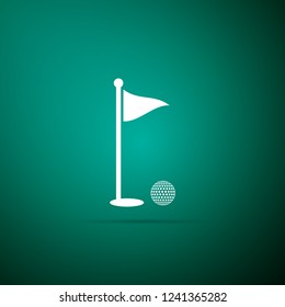 Golf ball and hole with flag icon isolated on green background. Golf course. Ball and flagstick in hole. Sport concept. Flat design. Vector Illustration