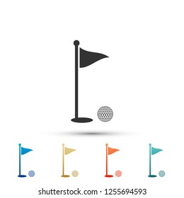 Golf ball and hole with flag icon isolated on white background. Golf course. Ball and flagstick in hole. Sport concept. Set elements in colored icons. Flat design. Vector Illustration