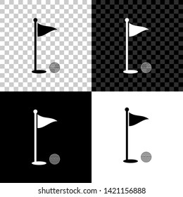 Golf ball and hole with flag icon isolated on black, white and transparent background. Golf course. Ball and flagstick in hole. Sport concept. Vector Illustration