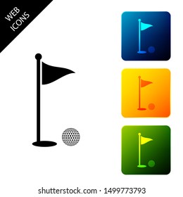 Golf ball and hole with flag icon isolated. Golf course. Ball and flagstick in hole. Sport concept. Set icons colorful square buttons. Vector Illustration