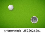 Golf ball and golf hole on green grass background. Vector EPS 10