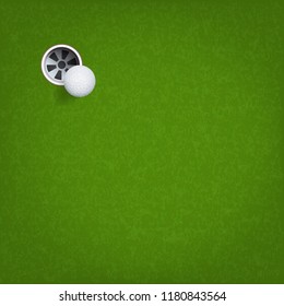 Golf ball and golf hole on green grass background. Vector illustration.