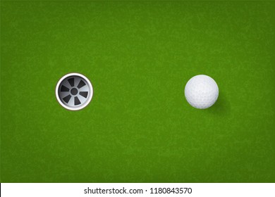 Golf ball and golf hole on green grass background. Vector illustration.