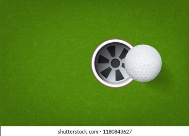 Golf ball and golf hole on green grass background. Vector illustration.