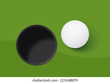 Golf ball and golf hole on green background. Vector illustration.