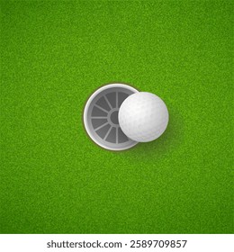 Golf ball and golf hole on green grass background. Vector EPS 10