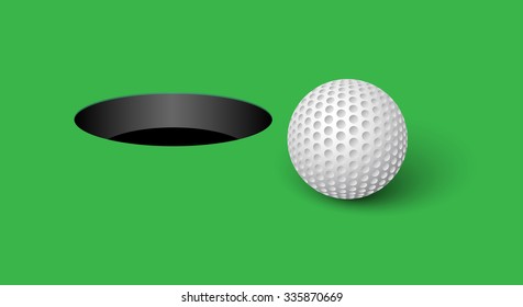 Golf ball and golf hole on a green background. Vector illustration.