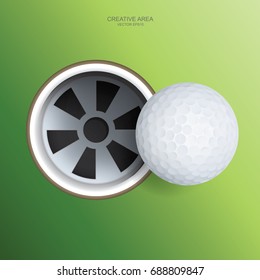 Golf ball and golf hole on green background. Vector illustration.