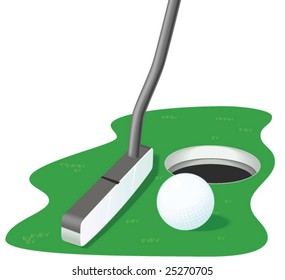 Golf ball, hole and putter on green.  Vector Illustration
