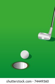 Golf ball, hole and putter on green