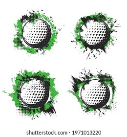 Golf ball icon, grass banner or club flag, vector green tee badges. Golf tournament and sport championship cup emblems with golfball on green paint splash with halftone