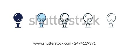 Golf ball icon set. golfball on tee vector symbol. golf sport sign in black filled and outlined style.