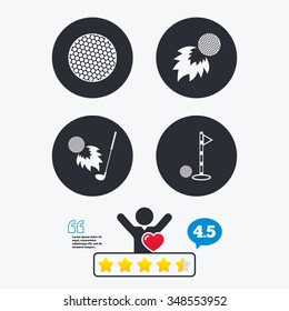 Golf ball icons. Fireball with club sign. Luxury sport symbol. Star vote ranking. Client like and think bubble. Quotes with message.