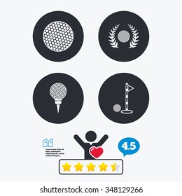 Golf ball icons. Laurel wreath winner award sign. Luxury sport symbol. Star vote ranking. Client like and think bubble. Quotes with message.