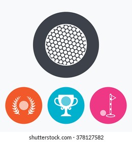 Golf ball icons. Laurel wreath winner award cup sign. Luxury sport symbol. Circle flat buttons with icon.