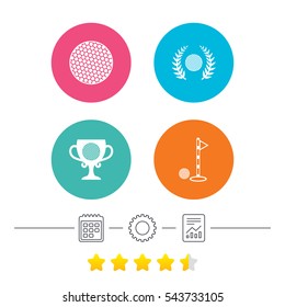 Golf ball icons. Laurel wreath winner award cup sign. Luxury sport symbol. Calendar, cogwheel and report linear icons. Star vote ranking. Vector